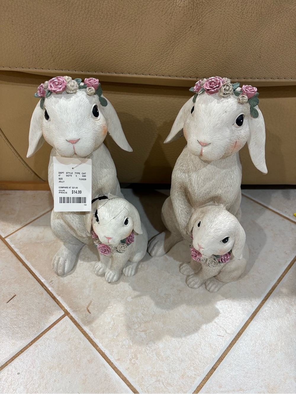 Pair of Decorative White Rabbit Figurine with Pink Floral Crown - Home Accents